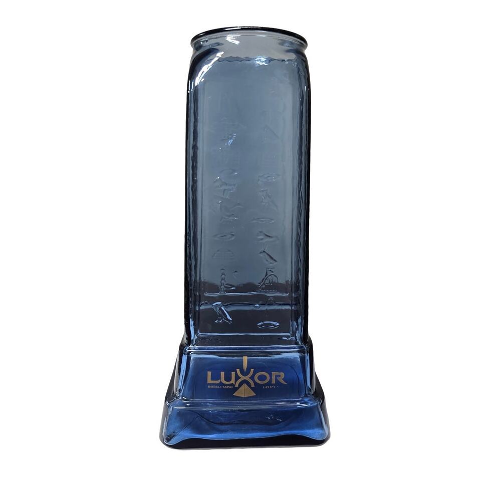 Vintage 1990 Luxor Hotel Casino Las Vegas Blue Glass Hieroglyphics Souvenir Vase